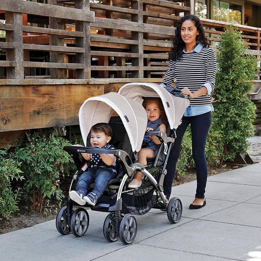 Baby Trend Double Infant and Toddler Stroller w/ Harness and Basket, Sit N' Stand, Khaki