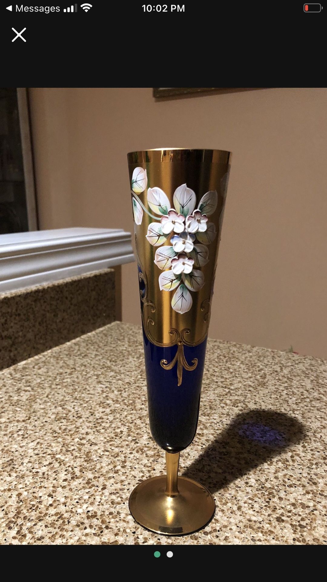 Six Vintage Cobalt Blue Czech/Bohemian Floral Enamel Gold Vine Glasses