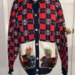 Vtg Sweater Loft 90s Christmas Ugly Vest Knit Cardigan Button Up Teddy Bear Sz M