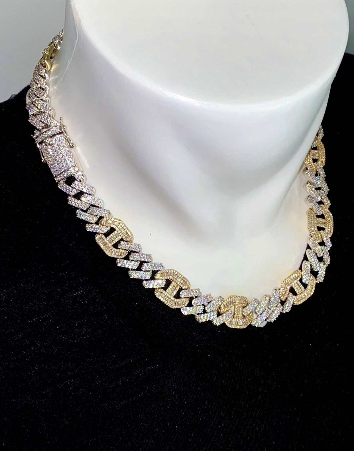 Men’s Designer Link Chain Necklace, 14K Two Tones White Gold 5X Layered Cuban Chain, Bling Necklace, CZ Diamond Choker, ICY Necklace, Chain