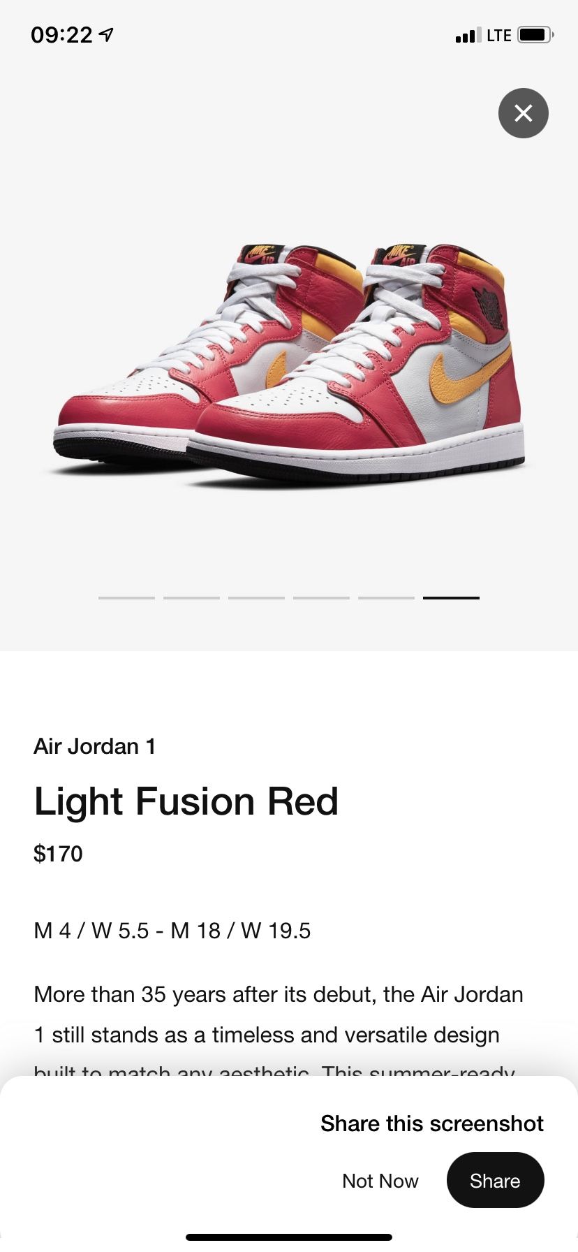 Air Jordan 1 Retro High OG Light Fusion Red M 7 W 9.5