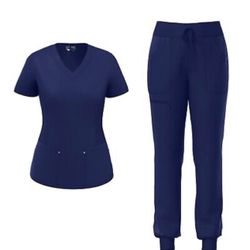 ‏PS1120 Stretch Women Medical Scrubs Set V Neck Fashion Rib Panel Jogger Pants 