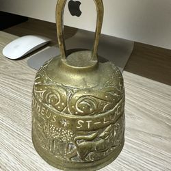 Antique Brass Religious Bell with Saint Inscriptions & Engraved Carvings