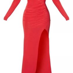 Red Slinky Shoulder Padded Wrap Skirt Maxi Dress