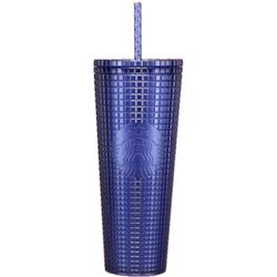 Starbucks Tumbler Grid Pearl Cobalt Blue Straw 24oz Cold Cup Plastic Shimmer NEW