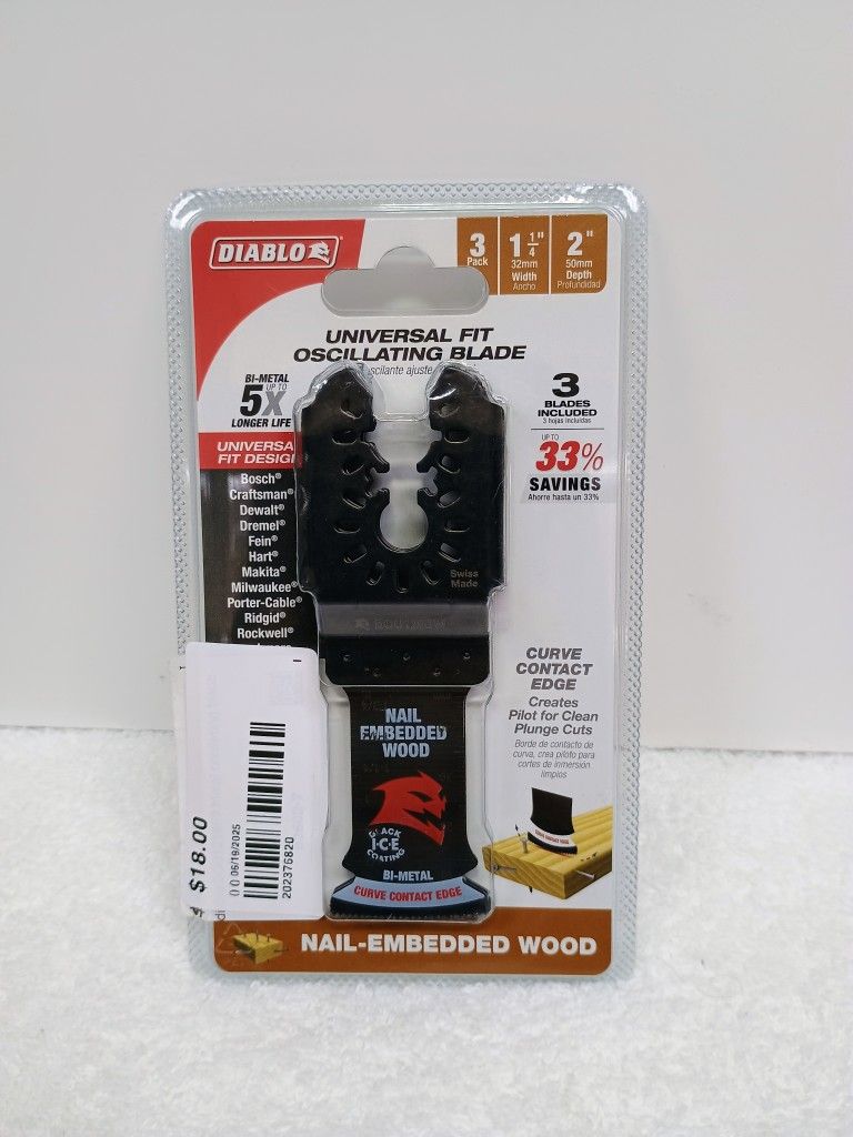 Diablo Demo Demon Universal Fit Bi-Metal Oscillating Tool Blade for Nail-Embedded Wood - 1-1/4" Cutting Width, 2" Cutting Depth, 3-Pack - DOU125BW3