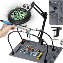 Silicone Mat Helping Hands Soldering Station, 30X/10X Magnifying Glass with Light for Electronic Repair Craft Hobby, 4 PCB Arms, Infinite Colors Stepl