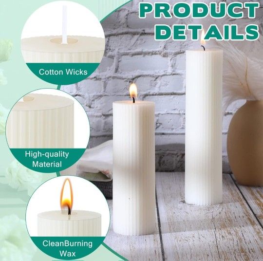 Set of 8 Ribbed Pillar Candles Soy Wax Home Decor Modern White Candles with Cotton Wick