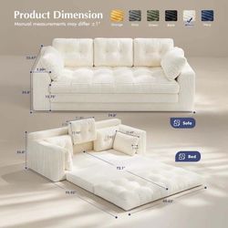 3 Seater Convertible Folding Sofa Bed, Pull Out Sleeper Sofa with Pillows,Foldable Floor Couch Comfy Lounge for Small Space Living Room Bedroom, White