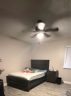 Full Bed Set Complete - Dark Wood Frame, Nightstand, Mattress & Foundation