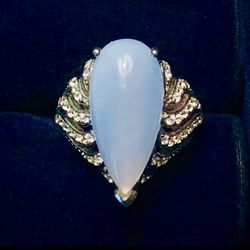Blue Chalcedony Teardrop & Diamond Aura Sterling Silver Ring