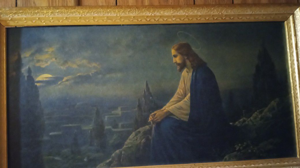 Antique 1920's Painting Of Jesus Sitting On Mount Olive