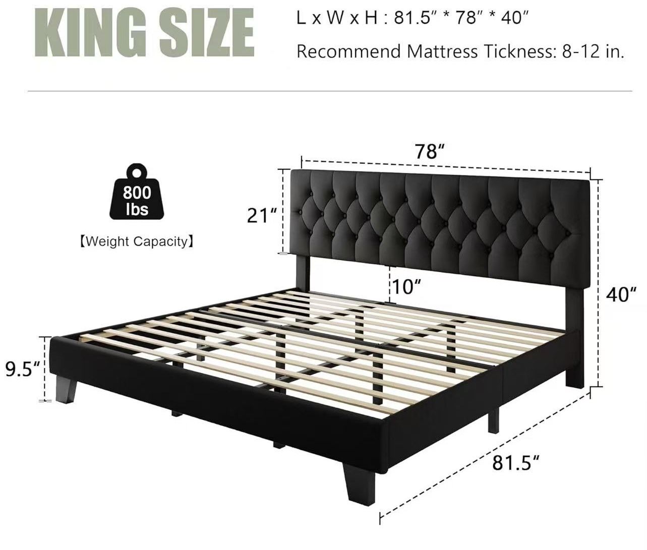 🥨King Size Feonase Platform Bed Frame, Upholstered Bed with Button Tufted Headboard, Heavy Duty Wooden Slats & Thickened Feet, No Box Spring Needed