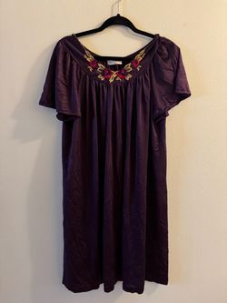 Vintage Shadowline Purple Nylon Nightgown Embroidered Floral Neckline Short Sleeve