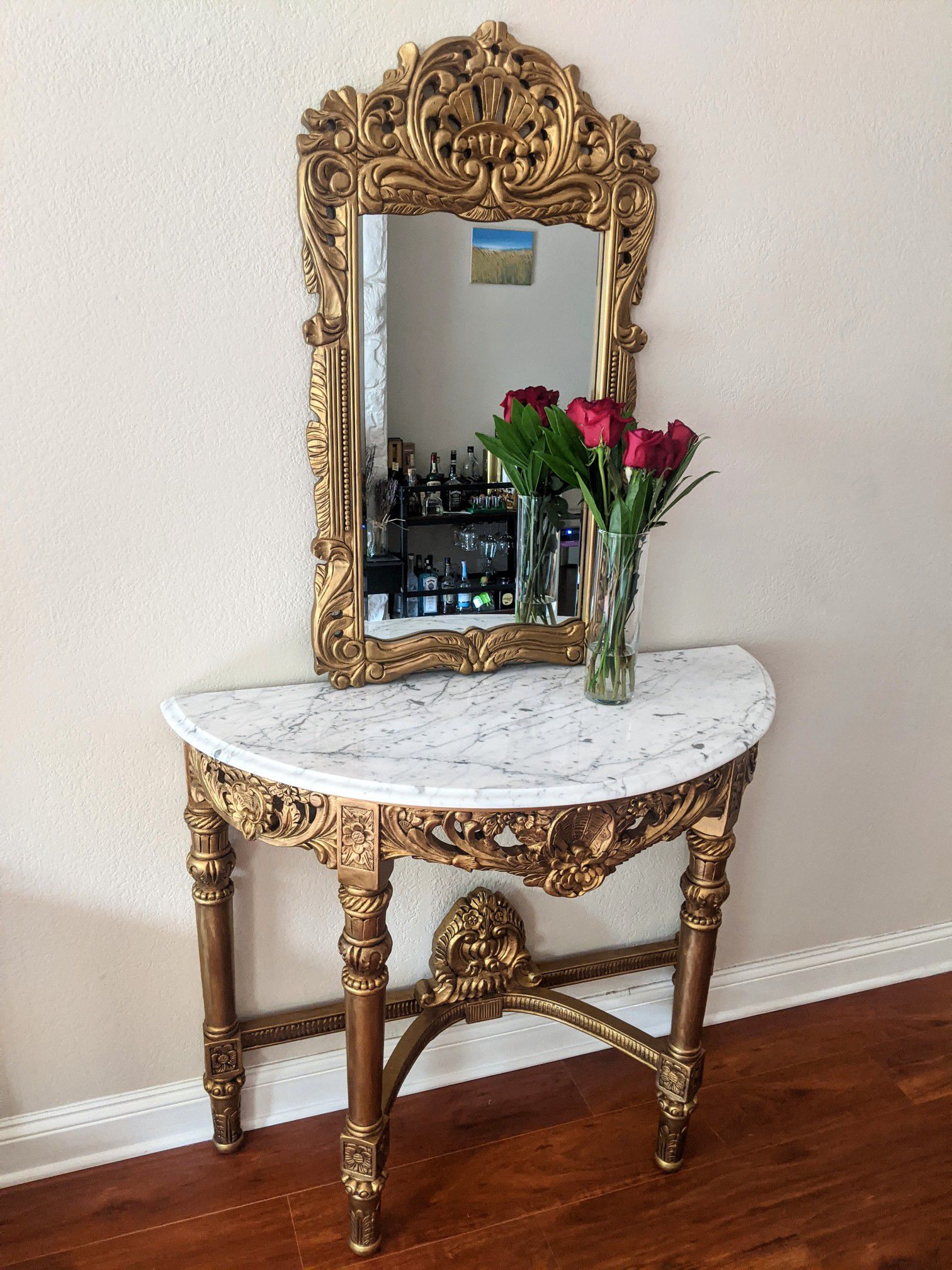 Antique roccoco carved wood gold console entrance foyer table with mirror and italian carrara marble top, vintage