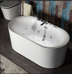 BJ100+F0041CH, 59" × 31-1/2" Whirlpool Water Jetted and Air Bubble Freestanding Heated Soaking Combination Bathtub with Tub Filler and LED control pan