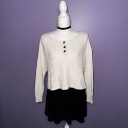 American Eagle Off White Cropped Henley Sweater