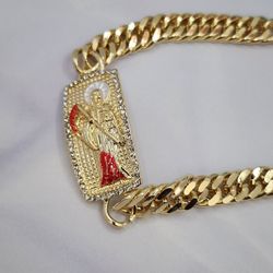 La Santa Muerte Bracelet Ice Out Red & Clear Stones GOLD PLATED 