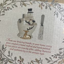 Fitz And Floyd Wintry Woods Snowman Footed Bowl With Spreader