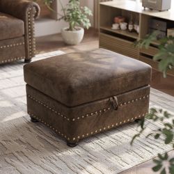 Faux Leather Ottoman with Storage, Rectangle Ottoman Coffee Table