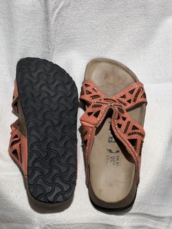 Birkenstock “Betula” - Orange straps, brown/red beads and white sewing