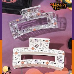 2pcs Halloween Pumpkin Ghost Bat Star Moon Elements Printed Transparent Shiny Hollow Middle Size Hair Claw, Sweet And Cool Party Tea Party Friend Gift
