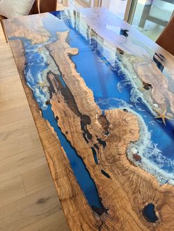 Live Edge Wood and Blue Epoxy Resin Dining Table