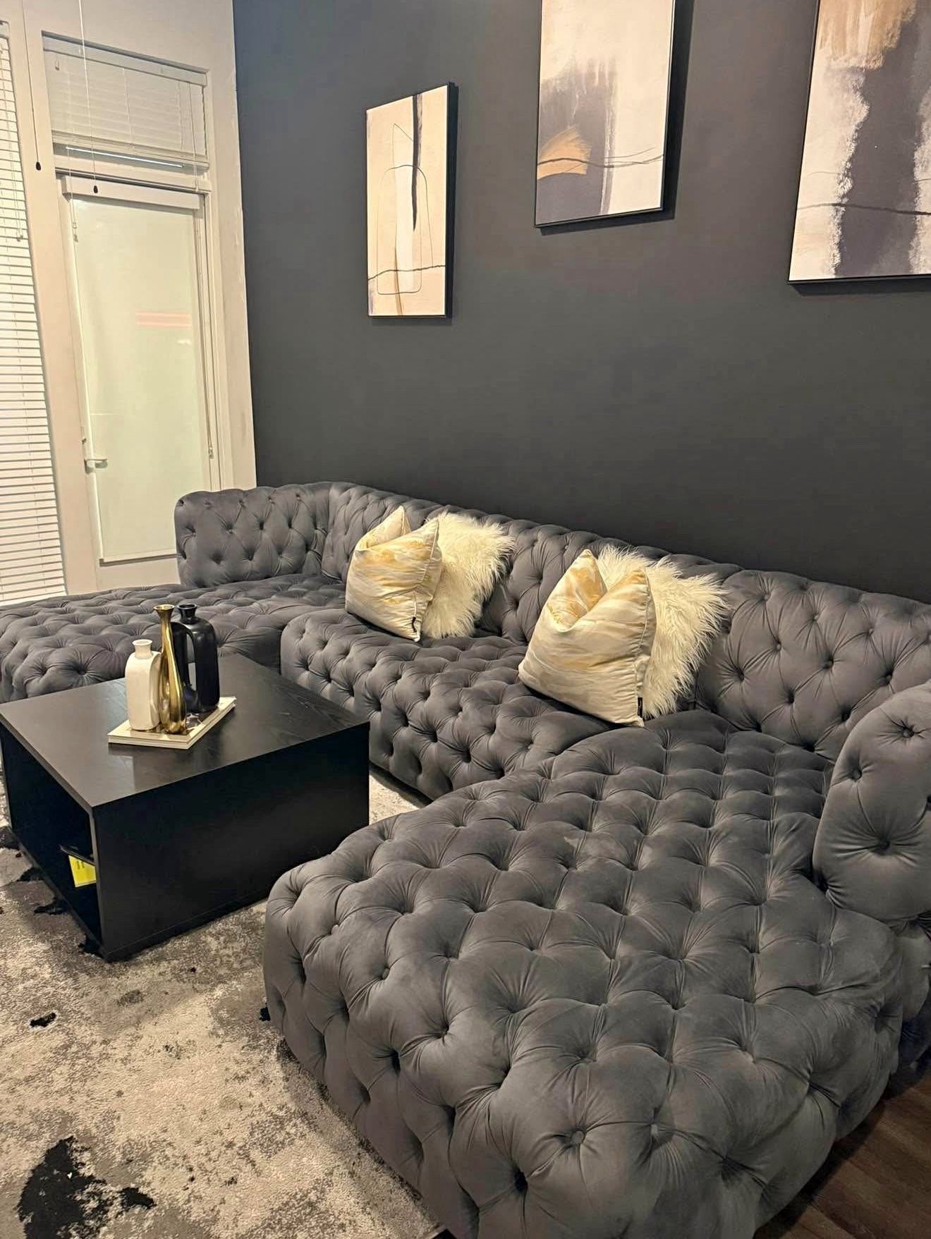 Valencia Tufted Velvet U-Shape Sectional Sofa, Gray