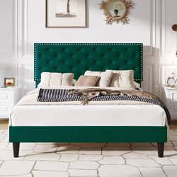 Queen Size Velvet Bed Frame with Adjustable Headboard, Diamond Button Tufted and Rivet Decor, No Box Spring Needed, Green  Top highlights S