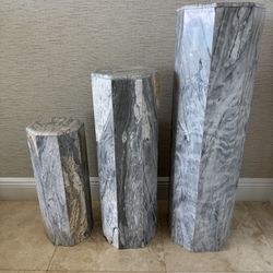 Set of 3 contemporary gray & white marble vintage pedestals - 36” / 28” / 20”