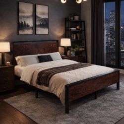 Full Size Industrial Style Bed Frame with Wood Panels