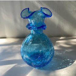 Vintage MCM Era Crackle Glass Mini Vase Ocean Blue Ruffled Mid Century Decor Props Vtg 60s 70s
