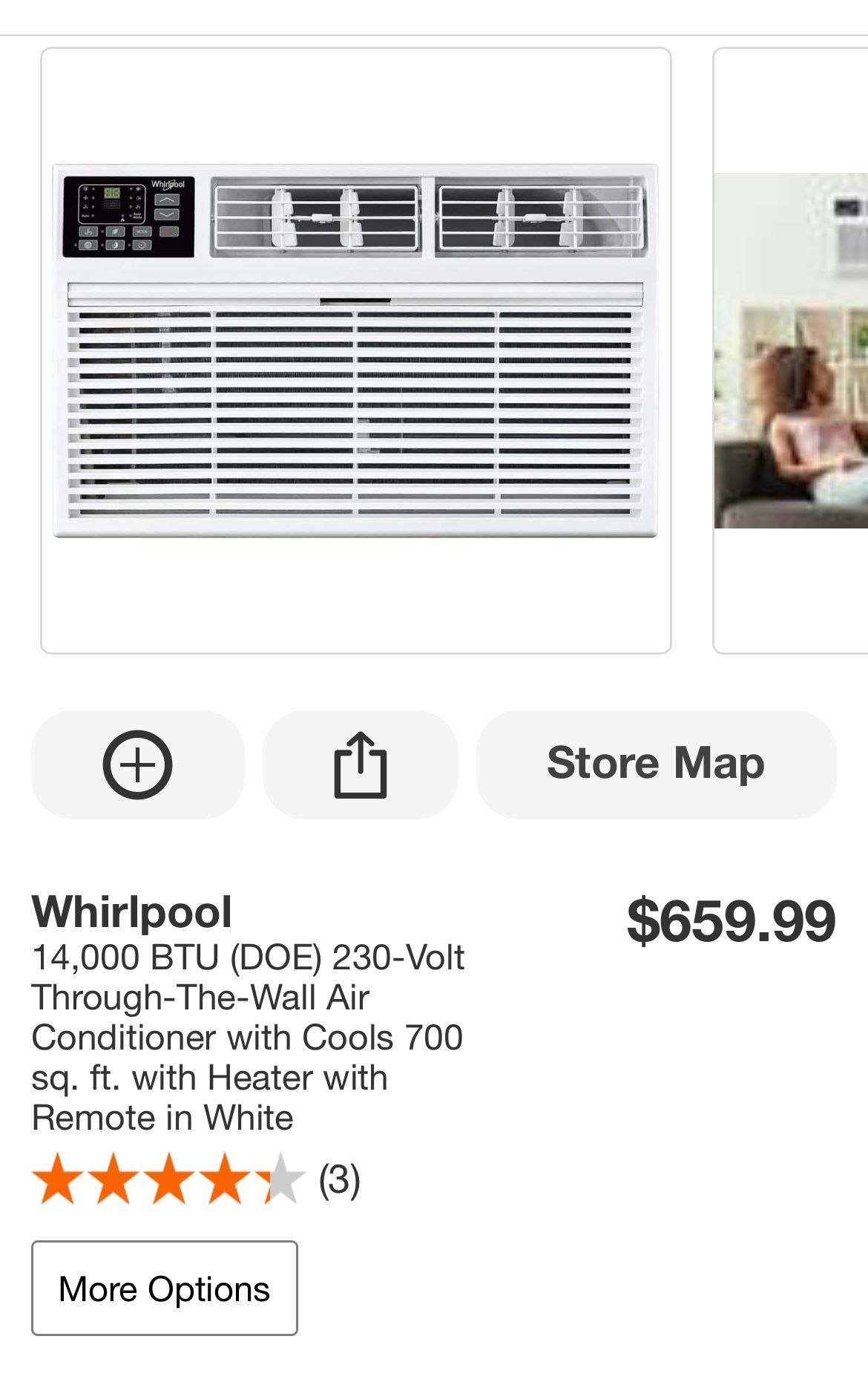 Whirlpool 14,000 BTU (DOE) 230-Volt Through-The-Wall Air Conditioner with Cools 700 sq. ft. with Heater with Remote in White