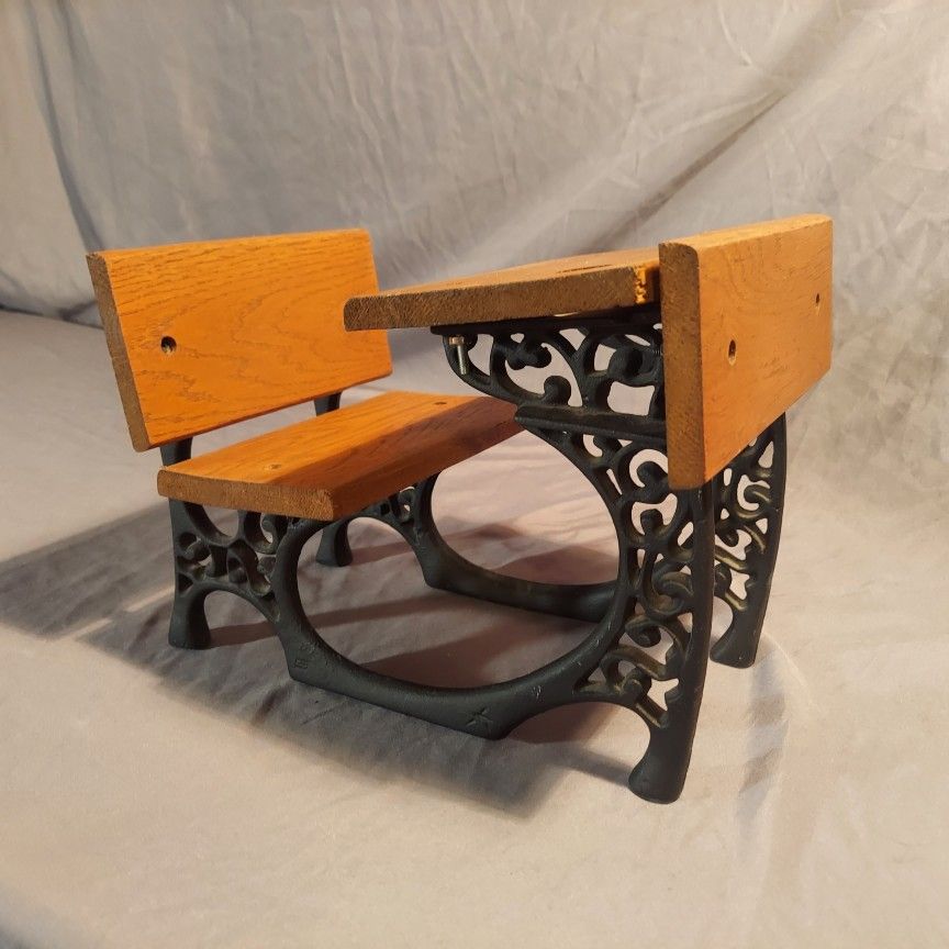 Vtg Doll Miniature School Desk Wood & Cast Iron For Dolls Bears 11in Long