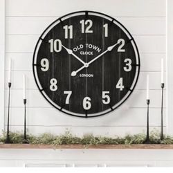 Large Old Town Farmhouse Black 24 In Rustic Antique Wood w/ Metal Circle Large Numerals Silent Battery Operated Wall Clock-NEW