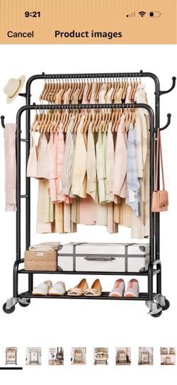 Homde Sturdy Garment Rack for Bedroom: 265 lbs Heavy Duty Clothes Organizer 2 Hanging Rods Hold Coat to T-Shirt - Easy Roll & Park on Wheels - Metal F