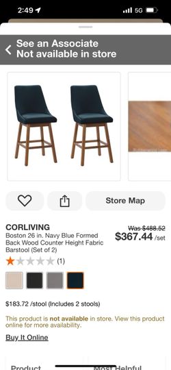  26 in. Navy Blue Formed Back Wood Counter Height Fabric Barstool (Set of 2). New 