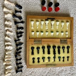 Vintage 1970’s Wooden Magnetic Folding Travel Chess And Checkers Set. 