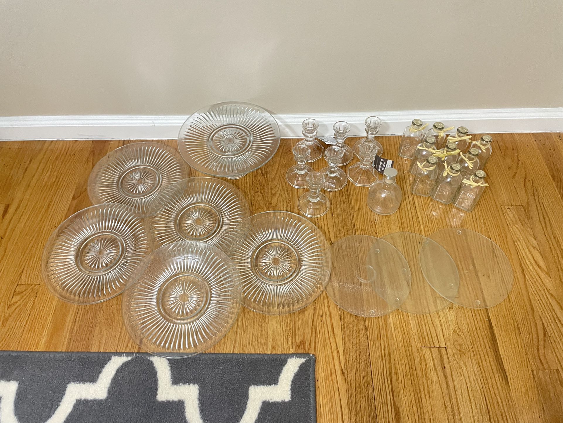 Wedding Decorations - Glass Plates, Glass Candle Holders, Small Vases