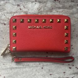 MICHAEL Michael Kors Red Affine Leather Wallet Wristlet With Gold Studs