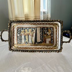 Beautiful Egyptian Themed Silver Plated Tray 16" X 7.5"