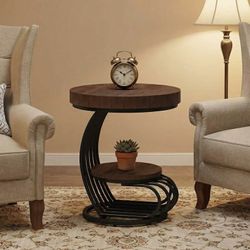 Round End Table, 2-Tier Modern Wood Side Table with Shelf Storage, Faux Marble Sofa Side Bedside Nightstand, Arc-Shaped Frame Accent, BROWN & BLACK