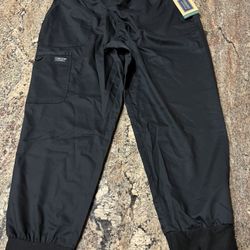 NEW Cherokee, authentic workwear scrub pants Womens Large, black modern, classic petite ultrasoft  waist stretch easy care revolution 25” Inseam 