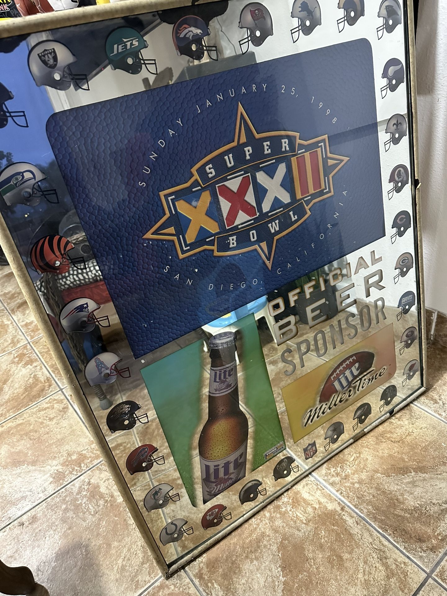 Vintage Miller Lite Beer Bar SUPER BOWL XXXII Mirror Sign 1998 Packs vs Broncos