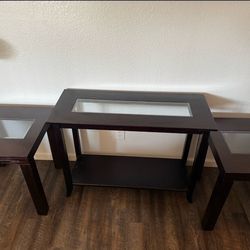 Dark Brown Console Table + 2 Matching End Tables (Glass Tops)