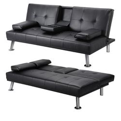 Modern Faux Leather Reclining Futon with Cupholders and Pillows, Black , 2 Chairs