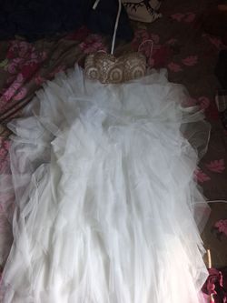 White Tulle Ball Gown with Gold Embroidered Bodice