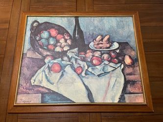 Vintage Paul Cezanne Still Life Fruit & Bottle Oil Painting Landscape