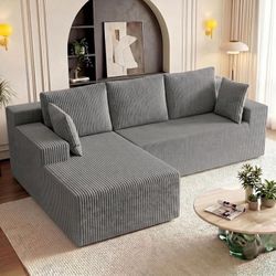 96" L-Shape Modular Cloud Couch, LEFT FACING CHAISE,3-Seater Deep Seat Corduroy Sectional Sofa, Light Gray