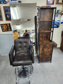 Beauty salon  chairs and mirrors  hair  shampoo  chair  and  wall mounted dryer